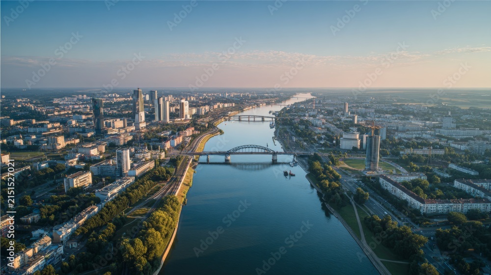 Fototapeta premium Aerial View of a Cityscape with River and Bridges Under Clear Sky at Sunset