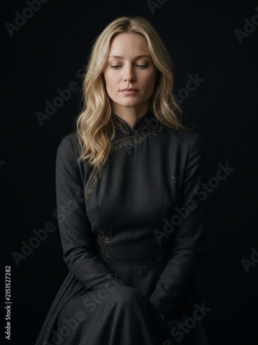 Contemplative Blonde Woman Wearing Elegant Black Evening Gown