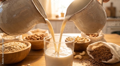Plant based milk being poured into glass with nuts and grains
