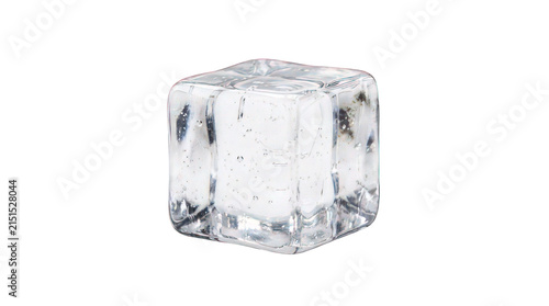 Single transparent ice cube isolated on white background for beverage and drink concepts