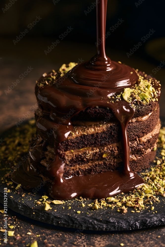 Fototapeta premium Mid-action pour of dark chocolate ganache over rustic cake