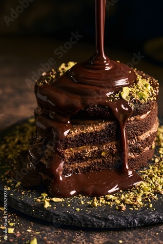 Mid-action pour of dark chocolate ganache over rustic cake
