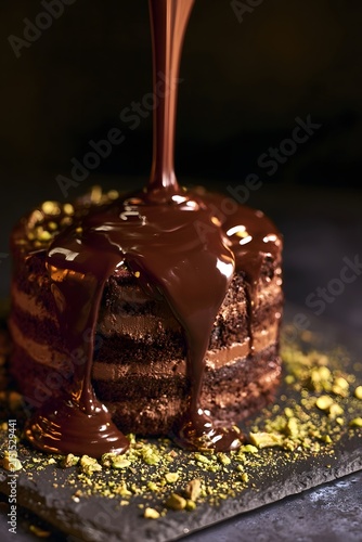 Mid-action pour of dark chocolate ganache over rustic cake