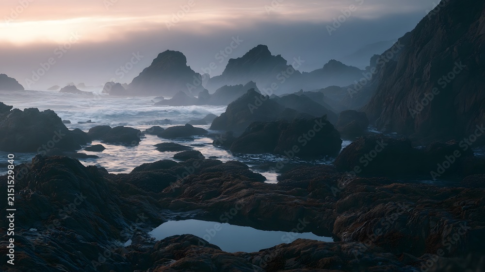 Fototapeta premium Jagged volcanic coast at dawn with tide pool