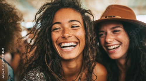 Joyful moment of two friends smiling and laughing together at a lively summer festival in a vibrant outdoor setting