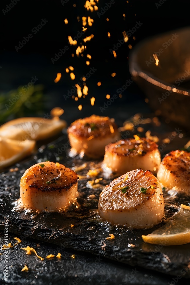 Fototapeta premium Seared Scallops Mid-Preparation with Lemon Zest