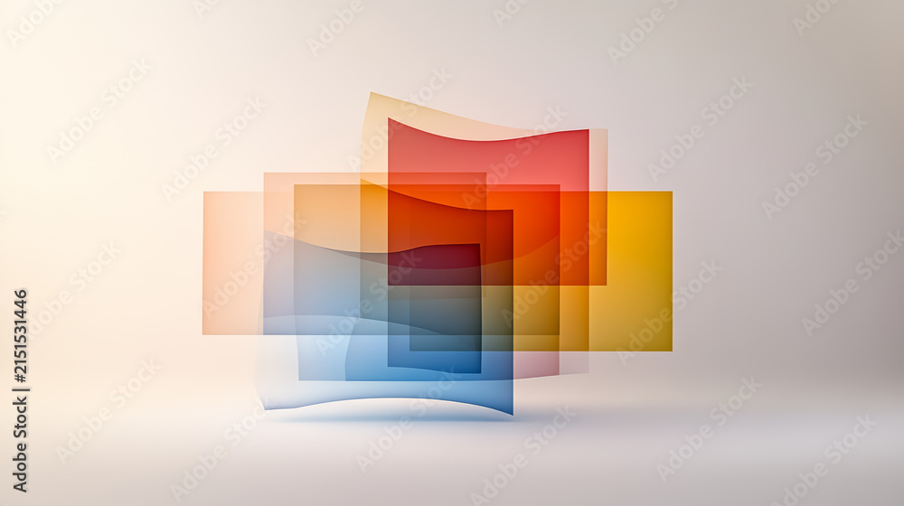 Fototapeta premium Translucent layered shapes create vibrant and modern graphic collage, evoking creativity