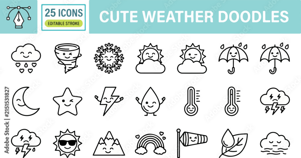 Fototapeta premium Set of kawaii weather icon sheet doodles featuring cute sun cloud rain storm and moon characters in a minimalist thin line vector outline style