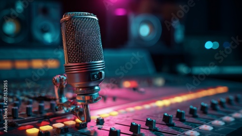 Professional studio microphone on audio mixing console with colorful lights and equipment for music production and sound recording