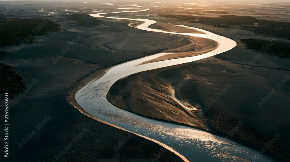 Fototapeta premium Wide aerial view of a winding desert river with cracked mud patterns at sunset