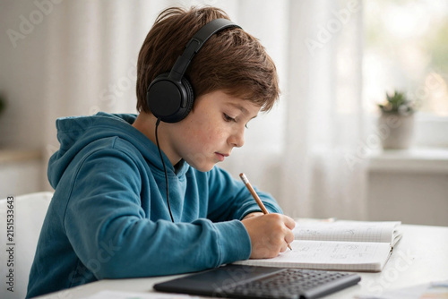 Focused boy with headphones writing in notebook at white desk tablet screen off