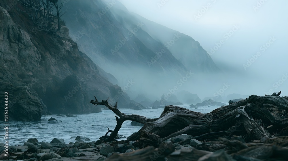 Fototapeta premium Foggy coastal cliff with weathered driftwood