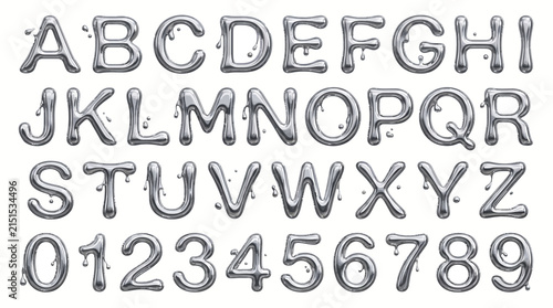 A complete set of silvercolored metallic liquidstyle capital letters AZ and digits 09 on a white background