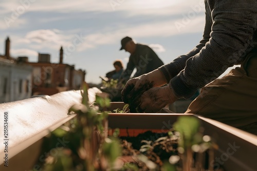Distant silhouette of a senior couple gardening on an urban rooftop