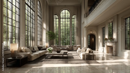 Elegant modern living room with large windows showcasing natural light and serene indoor plants for a luxurious atmosphere