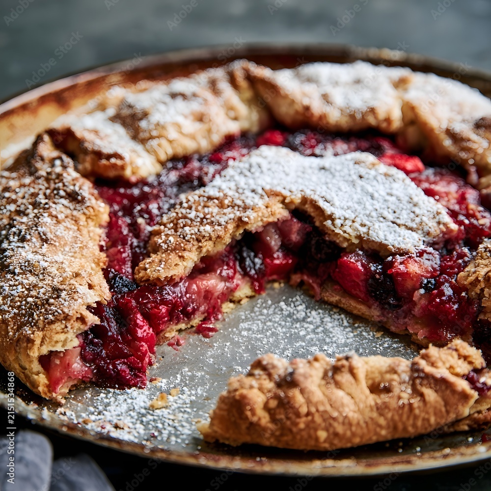 Fototapeta premium Rustic galette served on worn baking sheet with moody lighting