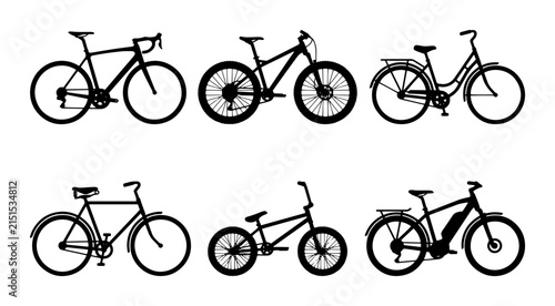 70 Diverse Bicycle Silhouettes Collection: Road, Mountain, City, BMX, Electric Bikes Vector Icons for Transport and Sport Graphics 100