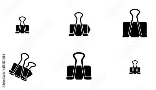 70 Binder Clip Icons Set, Black Metal Office Supplies, Small and Large Stationery Fasteners, Vector Graphics for Organization and Document Management 100