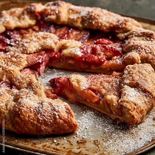 Rustic galette served on worn baking sheet with moody lighting