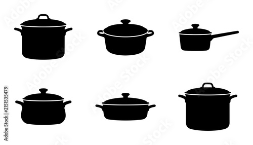 70 Set of 6 Black Silhouette Cooking Pots and Pans, Kitchenware Vector Icons for Culinary Design and Food Preparation Graphics 100