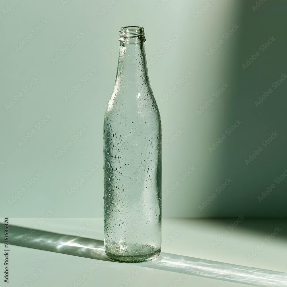 Naklejka premium Minimalist Glass Water Bottle with Condensation on Sage Green