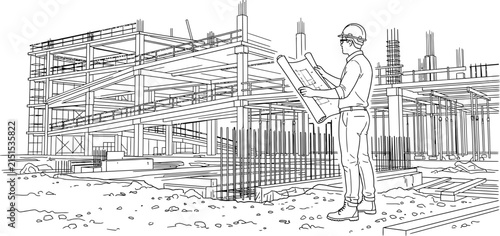 Professional civil engineer inspecting construction site blueprints.