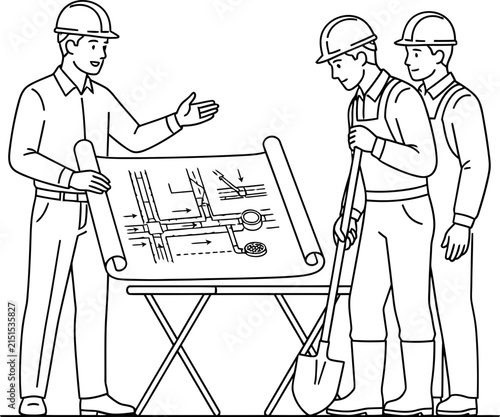 Three construction workers reviewing a detailed infrastructure blueprint plan.