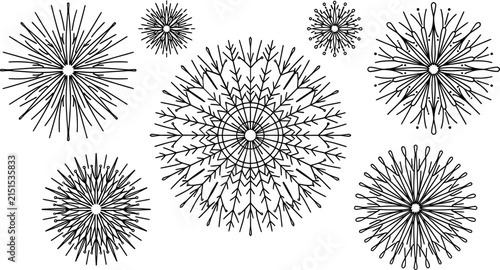 Set of intricate black and white snowflake patterns and circular mandala ornaments.