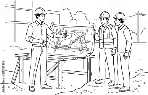 Three construction engineers discussing building blueprints at a site.