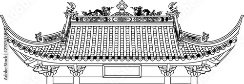 Traditional Chinese architectural roof line drawing illustration.