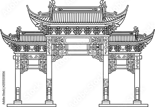 Traditional Chinese Paifang Gate Architectural Line Drawing.