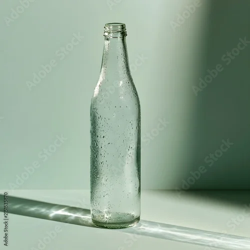 Fototapeta samoprzylepna Minimalist Glass Water Bottle with Condensation on Sage Green