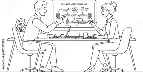 Two colleagues collaborating on a data migration plan on a computer screen.