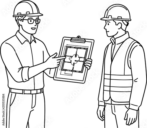 Two construction engineers discussing architectural blueprints in outline style.