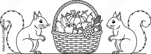 Two squirrels beside a basket filled with autumn harvest produce.