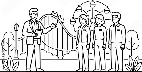 A business manager leading a professional training session for amusement park employees.