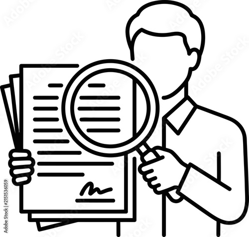 A business professional examining a document with a magnifying glass.