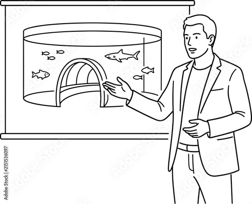 A business professional presenting an aquarium exhibit design on a screen.