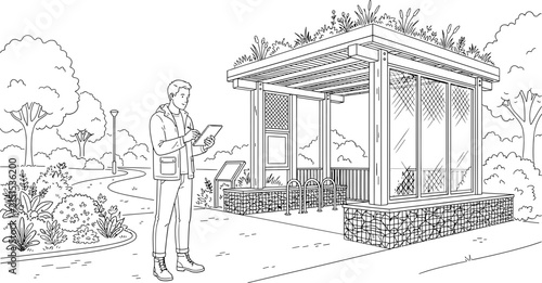 A male architect inspecting a modern garden structure with a green roof.