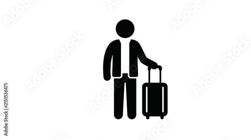 Minimalist traveler icon with suitcase, black silhouette of man with luggage, simple travel passenger symbol on white background