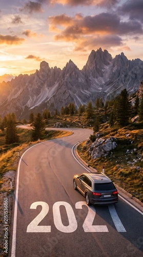 Car Driving on Mountain Road at Sunset 2027 Journey