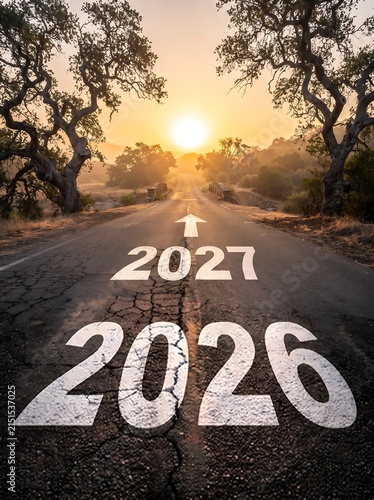 New year 2027 transition on asphalt road at sunrise
