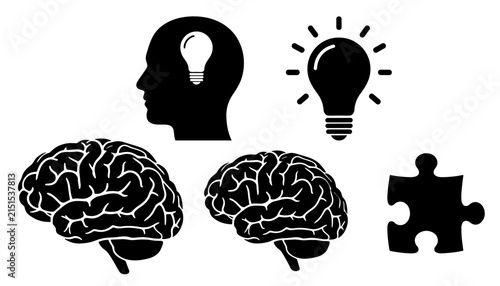 Creativity and Brainstorming Silhouette Icon Set Featuring Human Head Profile Lightbulb Brain Anatomy and Puzzle Piece Vector Graphic Symbols