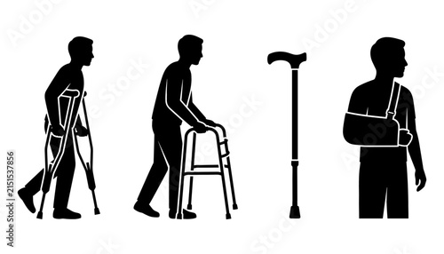 Injury and Disability Silhouette Icon Set Featuring Injured People Using Crutches Walker Cane and Arm Sling for Medical and Healthcare Designs