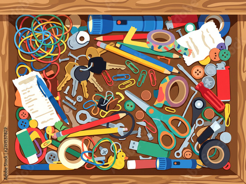 classic, colorful junk drawer packed with a random assortment of office supplies, tools, keys, and miscellaneous household items flat color graphic illustration