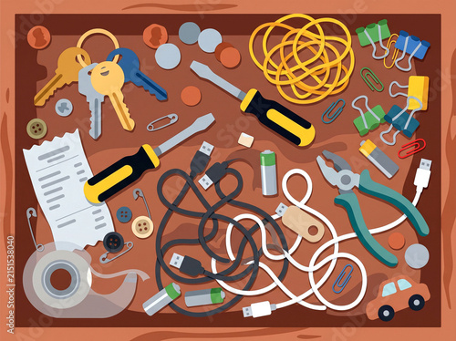 classic, colorful junk drawer packed with a random assortment of office supplies, tools, keys, and miscellaneous household items flat color graphic illustration