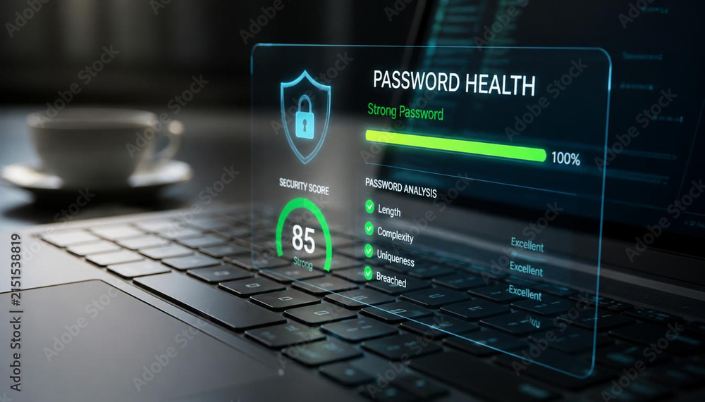 Naklejka premium Digital security dashboard showing strong password health scores projected over a professional laptop workspace at night