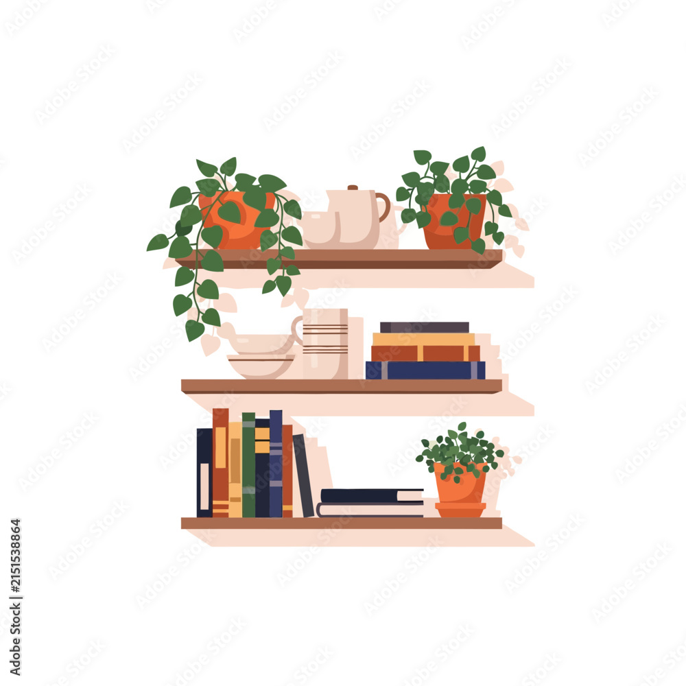 Fototapeta premium Flat Vector Illustration of a Wooden Bookshelf with Potted Plants and Books