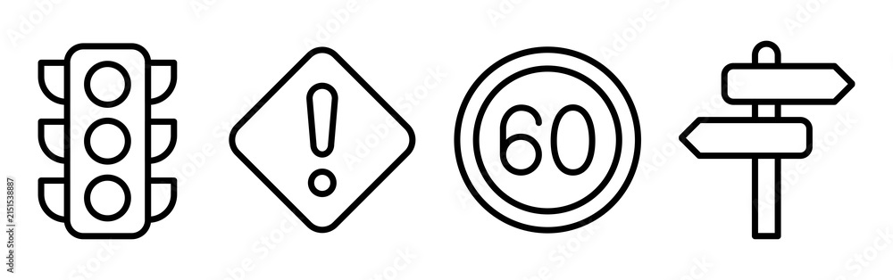 © Rano Begum - Traffic signal and road warning sign with speed limit icon and directional signs set lines.