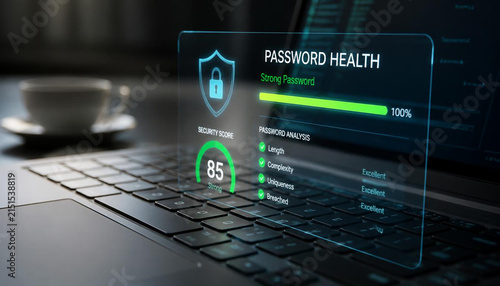 Digital security dashboard showing strong password health scores projected over a professional laptop workspace at night